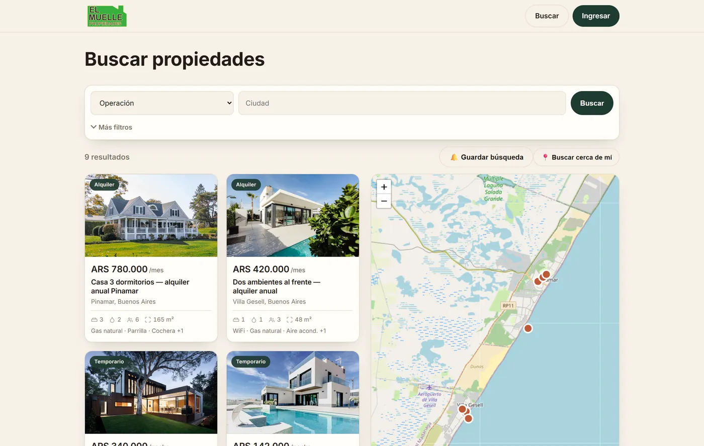 El Muelle property search with the listing grid and the coastal map